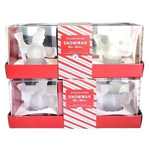 Vintage Williams Sonoma Snowman Tiny Taper Holder Clear Satin Glass Set Festive